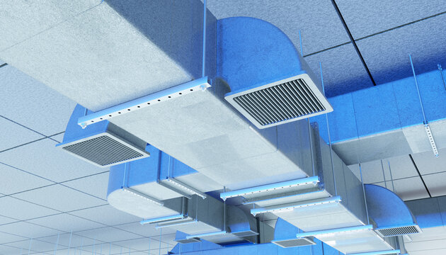 Ventilation pipes. Air purification system in factory. Aluminum shafts for industrial ventilation. Air conditioning equipment under ceiling. Ventilation pipes under roof indoors. 3d image