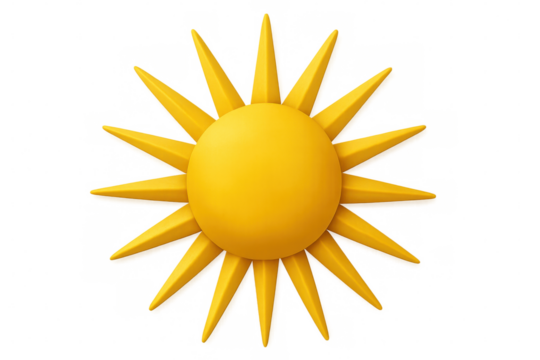 Glowing 3d sun radiating sharp rays against transparent backdrop, symbolizing summer brightness and meteorological design elements