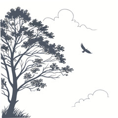 Dark tree with bird and clouds silhouette flying