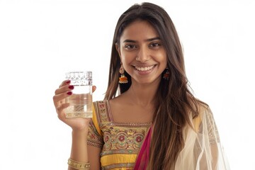 Beautiful Smiling Indian Woman Holding a Glass of Water in Hand Isolated on White Background