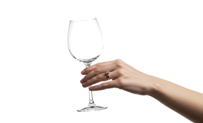 Hand holding empty clear transparent wine glass isolated on a transparent background 