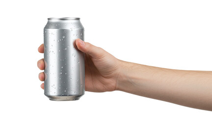 Beverage can mockup. Hand holding plain silver beverage can isolated on a transparent background 