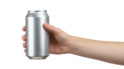 Beverage can mockup. Hand holding plain silver beverage can isolated on a transparent background 