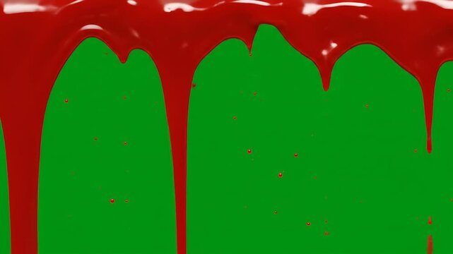 Glossy red liquid dripping from top on green screen, perfect for blood, paint, or sauce effects in video editing

