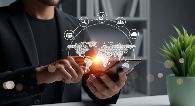 Modern digital world at fingertips man in charcoal suit touching phone screen with global map and icon overlay soft