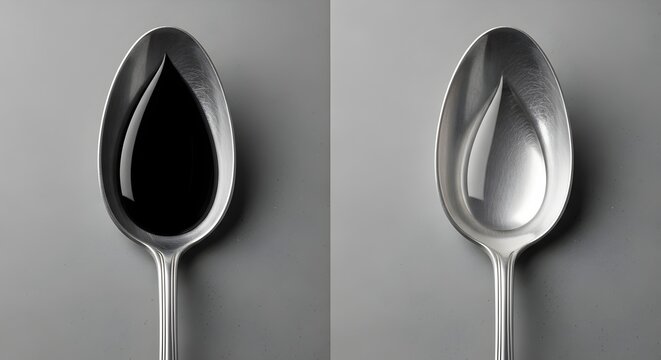 Close-up of a silver spoon holding a dark liquid drop, contrasted with an empty spoon.