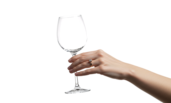 Hand holding empty clear transparent wine glass isolated on a transparent background  - Powered by Adobe