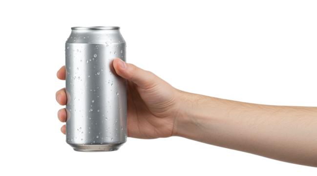 Beverage can mockup. Hand holding plain silver beverage can isolated on a transparent background  - Powered by Adobe