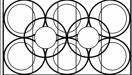 bold thick black line art of multiple large interconnected circles arranged evenly within a rectangular frame, circle sized to hold a planet inside, all lines continuous and connected no floating part