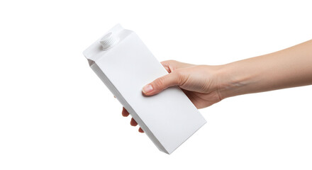 Hand holding white rectangular carton box with screw cap isolated on a transparent background
