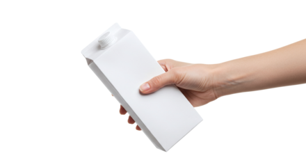 Hand holding white rectangular carton box with screw cap isolated on a transparent background