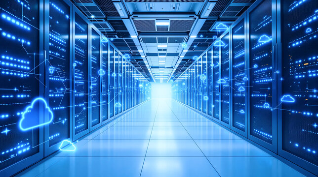 Futuristic Data Center: Server Racks, Cloud Computing, AI Infrastructure, Data Center Architecture, Tech Hub, Cloud Services, AI Technology, Server Room, Network Servers, Cloud Solutions.