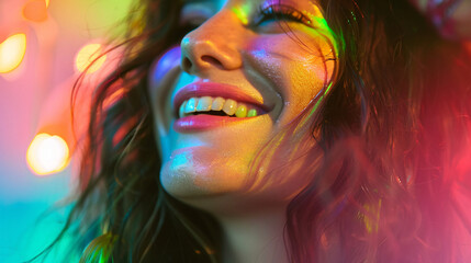 Vibrant Portrait of a Smiling Woman Illuminated by Colorful Lights