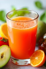 Collection of fresh fruit smoothies on blurred background. Fruit juices. A refreshing summer beverage. Tropical fruits