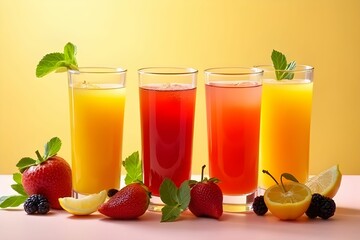 Collection of fresh fruit smoothies on blurred background. Fruit juices. A refreshing summer beverage. Tropical fruits