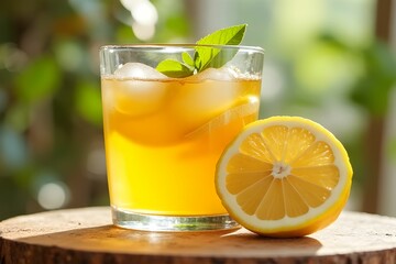 Fototapeta premium Iced lemonade in a glass with fresh yellow lemon. Beverage menu concept 