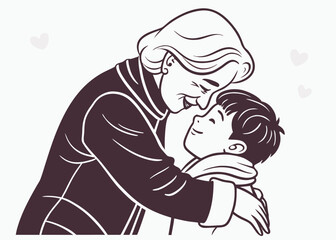 Loving Embrace Grandmother Affectionately Hugging Her Grandson with Hearts Floating in the Background Illustration heartwarming