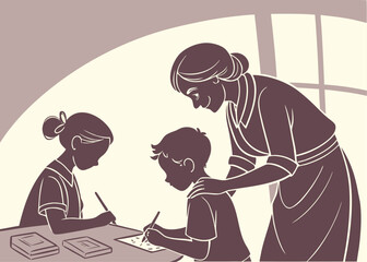 Vintage Illustration of Children Studying with Teacher Emphasizing Education and Family Support in Learning vintage style