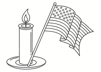 Patriotic Line Art Candle with Flame and Waving American Flag Illustration for Memorial or Remembrance