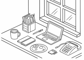 Isometric Line Drawing of a Desk by a Window with Laptop and Breakfast Plate black