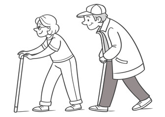 Line Art Illustration of an Elderly Couple Walking Together with a Cane for Support simple