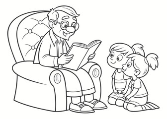 Cartoon Grandfather Reading a Story to Two Granddaughters in a Comfortable Armchair Illustration cartoon illustration