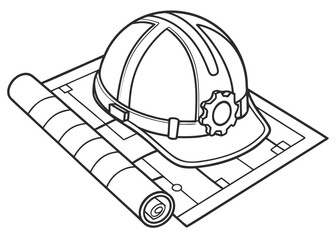 Engineering Blueprint with Hard Hat and Gear Representing Construction Planning and Architectural Design in Line Art