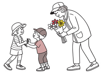 Line Art Illustration Children Playing and Receiving Flowers from an Adult with a Loving Expression