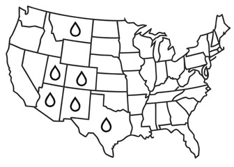 United States Map Outline with Water Drop Icons Indicating Drought Affected States in the West