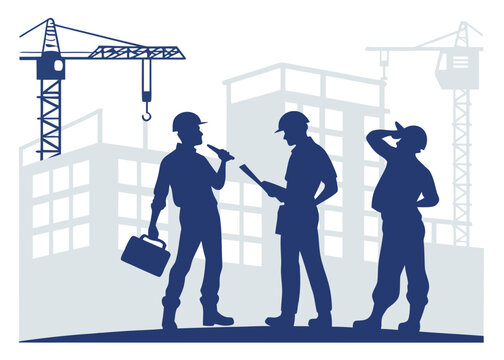 Construction Workers Silhouettes Discussing Plans at a Building Site with Cranes in the Background Silhouetted