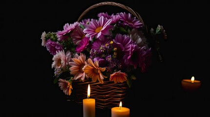 A photograph of an intensely black basket filled with beautiful flowers, illuminated by warm candlelight, emphasizing pure black, deep shadows, and flickering flames