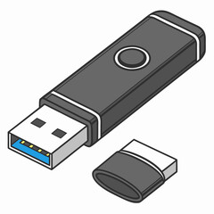 Gray U S B flash drive with blue connector and cap