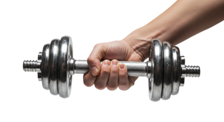 Hand holding metal adjustable dumbbell weight isolated on a transparent background  