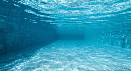 Empty swimming pool interior, seen from underwater, showcasing blue water and tiled floor.