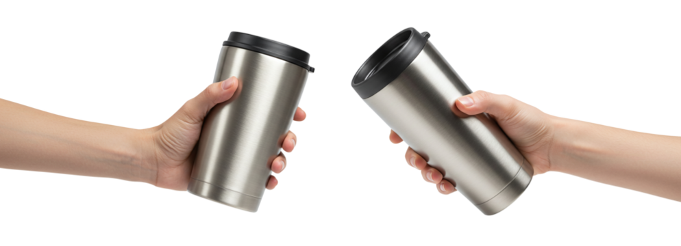 Hands holding stainless steel travel mugs mockup isolated on a transparent background