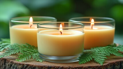 Candlelit Serenity: Three candles, each encased in transparent glass, emanate a warm, inviting glow, resting upon a natural wooden base, surrounded by lush greenery.