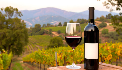 Fototapeta premium Red Wine Tasting Scene with Fall Colored Vineyards Background 