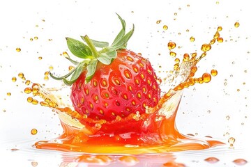 High Definition Picture of Strawberry Fruit with Juice Splashes Isolated on White Background