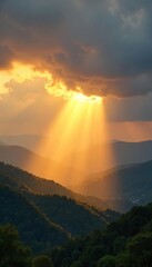 Golden Sunbeams Illuminate Landscape, Breathtaking Nature Scene, Warm Radiant Light, Perfect Background Texture