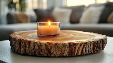 Cozy Candle on a Rustic Slab: A solitary candle illuminates a serene scene, casting a warm, inviting glow upon a natural wooden slab. The image exudes a sense of tranquility and rustic charm.