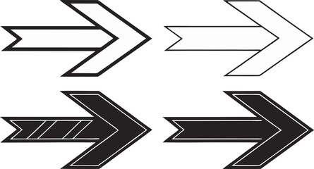 Four Arrow Illustrations with Unique Designs and Fill Patterns Pointing to the Right Featuring Outlines and Solid Colors for Directional Symbolism