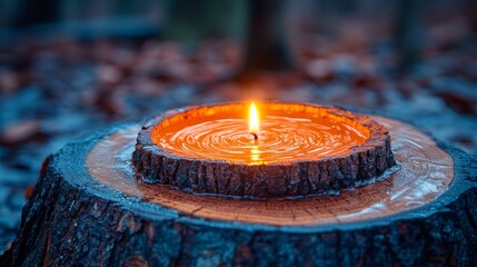 Candlelit Serenity: A single candle, its flame dancing atop a rustic wooden base. The warm glow illuminates the surroundings, casting a gentle light on a tranquil scene. 