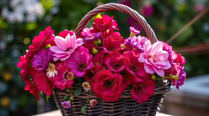 A vibrant photograph of a rich burgundy and deep blue basket filled with beautiful flowers, featuring a bright lens flare effect, adding streaks of light to the sophisticated and elegant scene