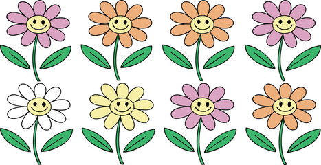 Cheerful Retro Flowers Pattern Playful Floral Background Design Featuring Smiling Daisy Faces and Vibrant Colors for a Groovy Aesthetic