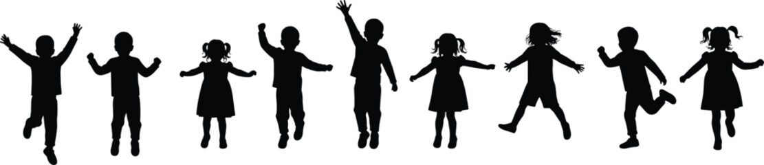 Children silhouette group jumping dancing playful cute vector on white background, energetic kids illustration, happy childhood activity, fun motion silhouettes