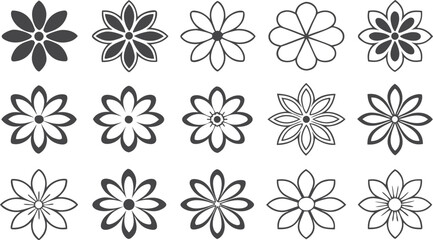 Assorted Decorative Flower Designs: Stylized Floral Collection for Creative Projects and Botanical Illustrations, diverse shapes and minimalist monochrome elements
