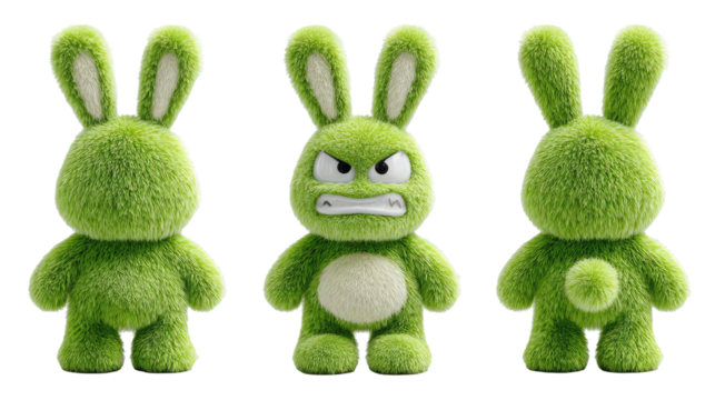 Furry Monster Toy with Green Fur, Horns on the Head, and Big Eyes on Transparent Background


