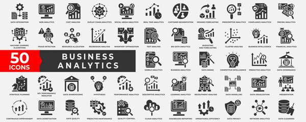 Business Analytics icon collection set. Containing Analytics, database, performance, management, business, process, quality, document, strategy, growth and report. Simple solid Vector illustration.