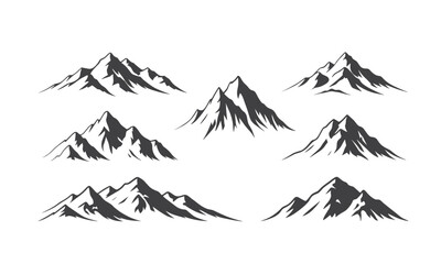 Set of Mountain Range Silhouettes in Black and White