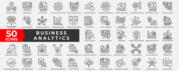 Business Analytics icon collection set. Containing Analytics, database, performance, management, business, process, quality, document, strategy, growth and report. Simple line Vector illustration.
